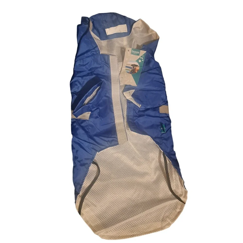 NIB-Sz L Dog Reflective Rain Jacket with Hood Blue White Gray MR DOG on back